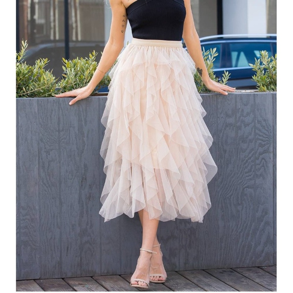 Bluivy Spiral Ruffled Tulle Midi Skirt Cream Ivory B01578 Womens Small